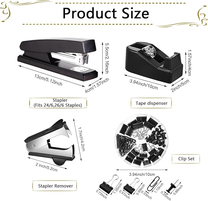 Office Supplies,Desk Accessories, Stapler and Tape Dispenser Set for Women with Stapler, Tape Dispenser, Staple Remover, Staples, Clips, Scissor and Tabs,Gift for Students, Coworkers
