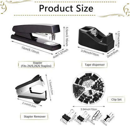 Office Supplies,Desk Accessories, Stapler and Tape Dispenser Set for Women with Stapler, Tape Dispenser, Staple Remover, Staples, Clips, Scissor and Tabs,Gift for Students, Coworkers