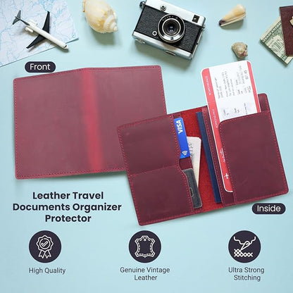 Leather Passport Holder with Travel Wallet, Genuine Leather Passport Cover- Passport Wallet, Leather Folding Wallet for Passports (Straight Cut, Red)