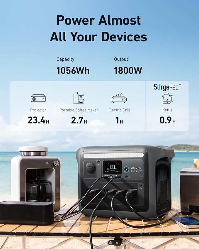 Anker SOLIX C1000 Portable Power Station with Water-Resistant Bag, 1800W Solar Generator, 1056wh LFP (LiFePO4) Battery, 4 AC Outlets, Up to 2400W for Home, Power Outages, and Outdoor Camping