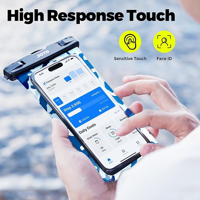 JOTO Up to 7" Universal Waterproof Phone Case for iPhone 17 Air 16 15 14 13 12 11 Plus Pro Max, IPX8 Cellphone Dry Bag XR X SE, Galaxy S23 S22 S21 S20+ S20 S10 Plus Note, Pixel -CamoBlue