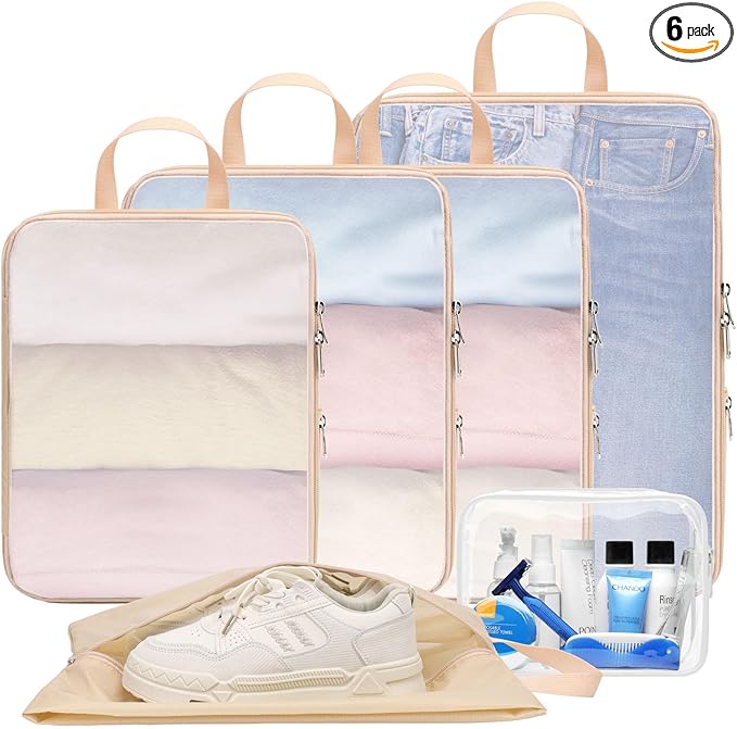 Cambond Mesh Compression Packing Cubes - 6 Set See Through Clear Packing Cubes with Shoe Toiletry Bag for Travel Suitcase, Expandable Travel Cubes for Suitcase Organizer Bags Set, Khaki