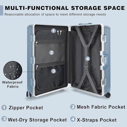 AnyZip Luggage PC+ABS Aluminum Frame Zipperless Checked Luggage Hard Shell Suitcase with TSA Lock Double Spinner Wheels 28 Inch Haze Blue