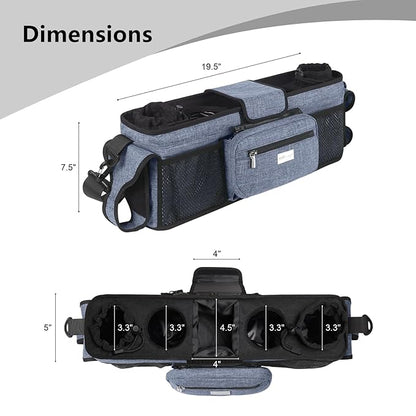 TOPDesign Universal Baby Stroller Organizer, Double Stroller Caddy with Detachable Mesh Bag & Heightened Insulated Cup Holders & Non-Slip Secure Hooks Accessories, Fits Most Strollers (Blue)