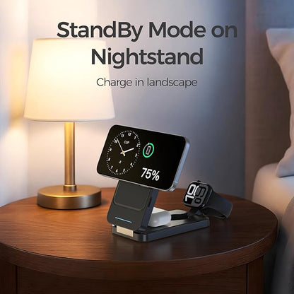 ANJANK 3 in 1 Portable Wireless Charging Station, Removable 5000mAh Mag-Safe Power Bank, Foldable Travel Magnetic Charger Stand for iPhone 17 16 15 14 13 12 Pro Max Plus, Apple Watch Series, AirPods