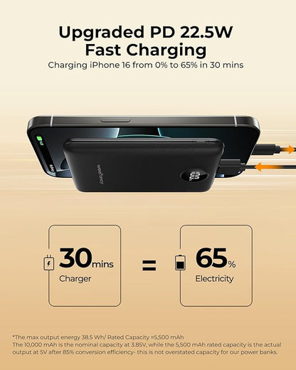 Small Portable Charger 10000mAh, Mini Power Bank with LED Display, 22.5W PD Fast Charging USB-C Battery Pack, Compact Lightweight Travel Charger Compatible with iPhone Samsung Android, Black