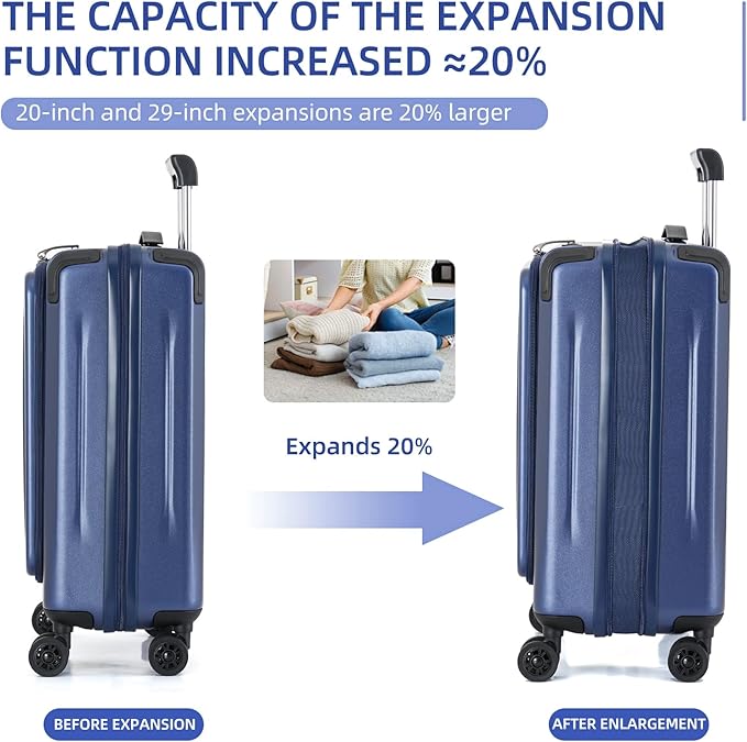 29 Inch Luggage, Top Opening Airline Approved ABS+PC Hard Shell Suitcases with Silent Wheels, TSA Lock,Front Pocket and Wet-dry Separated Six-piece Set (Dark Blue, 29-Inch)
