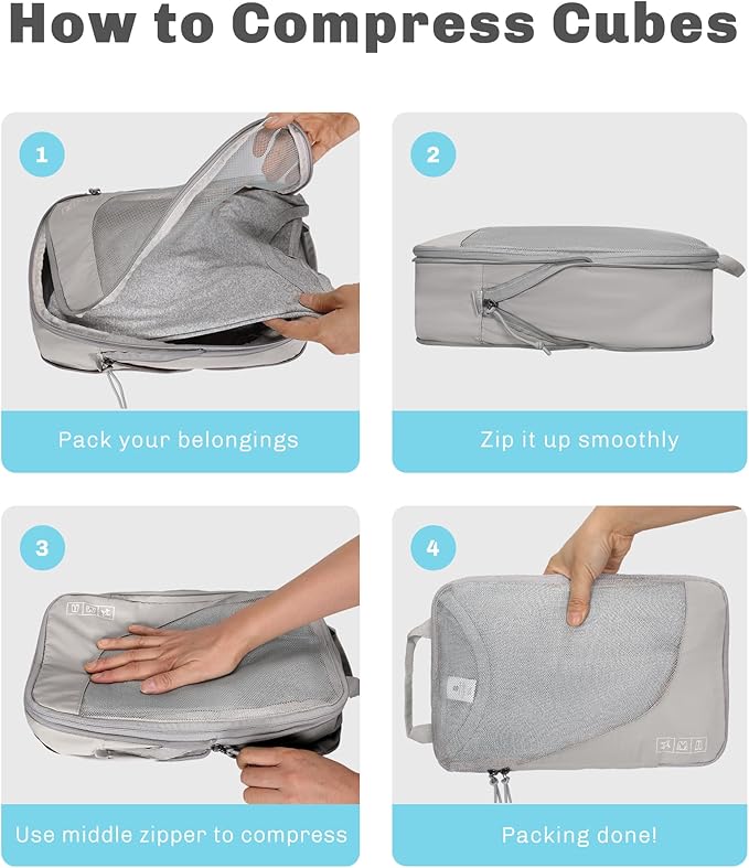Hynes Eagle 6 Set/ 4 Set/ 2 Set Compression Packing Cubes Travel Essentials Lightweight Nylon Luggage Suitcase Organizer Bag Light Grey 2PCS