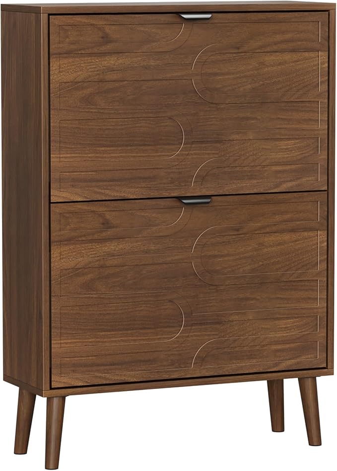 Spaco Walnut Shoe Storage Cabinet with 2 Flip Drawers for Entryway,Narrow Shoe Rack Organizer Cabinet with Doors for Hallway,Entrance