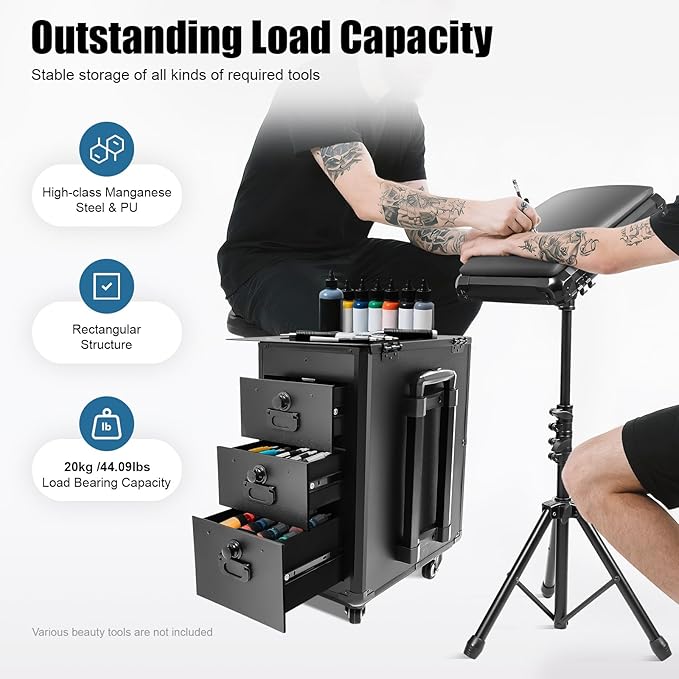 Rolling Makeup Train Case with Tattoo Armrest Stand, Tattoo Travel Case with 3 Drawers & Wheels, Portable Tattoo Station with Metal Panel for Makeup Artists, Estheticians & Crafters