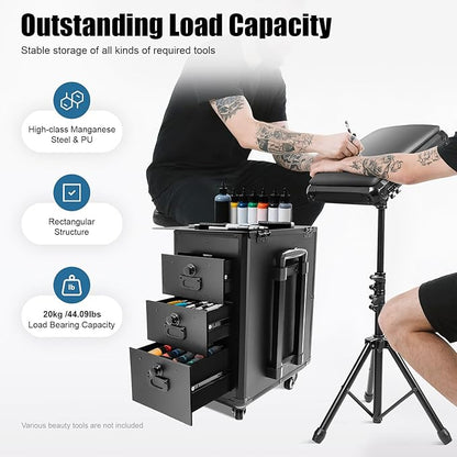 Rolling Makeup Train Case with Tattoo Armrest Stand, Tattoo Travel Case with 3 Drawers & Wheels, Portable Tattoo Station with Metal Panel for Makeup Artists, Estheticians & Crafters