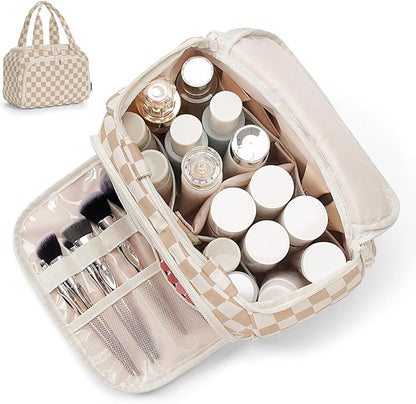 Narwey Large Travel Toiletry Bag, Wide-open Travel Bag for Toiletries, Toiletry Bags for Traveling Women, Cosmetic Make Up Makeup Bag Organizer with Wet Pocket, Skincare Bag (Light Checkerboard)