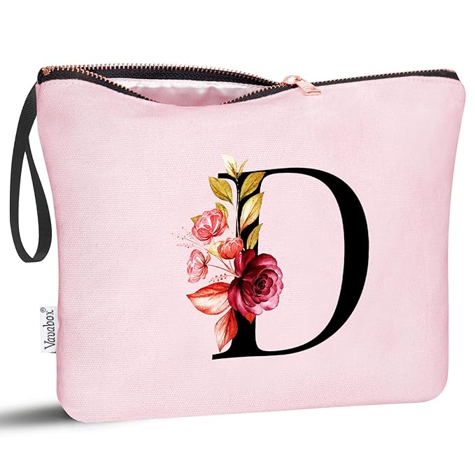 Vavabox A-Z Personalized Makeup Bag, Birthday Gifts for Women Mom, Gifts for Best Friend, Bride Bridesmaid Cosmetic bag (D, Pink)
