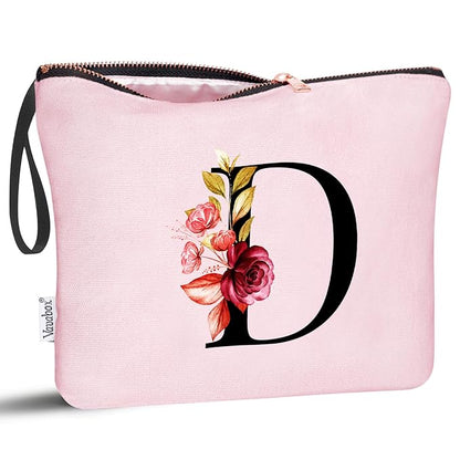 Vavabox A-Z Personalized Makeup Bag, Birthday Gifts for Women Mom, Gifts for Best Friend, Bride Bridesmaid Cosmetic bag (D, Pink)
