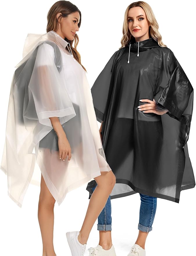 2 Pack Rain Ponchos for Adults Reusable - Raincoats Survival Emergency Heavy Duty Rain Coat with Drawstring Hood