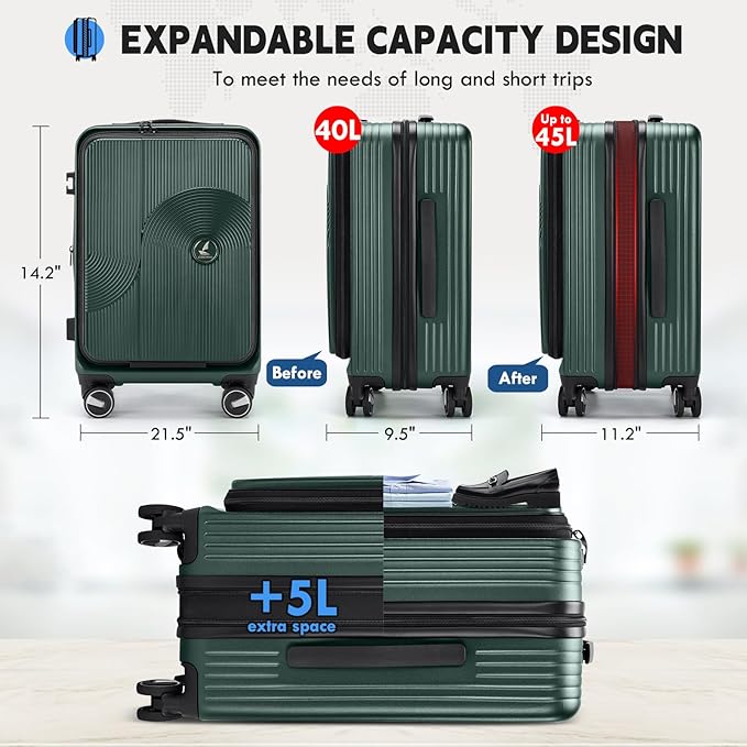 RAINSMORE Carry on Luggage Airline Approved, 20 Inch Expandable Hard Sided Carry on Suitcase with Spinner Wheels, Hard Shell Small Rolling Travel Luggages for Women Men with Tsa Lock, Green