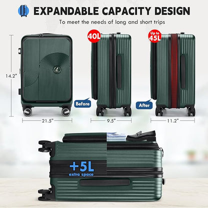 RAINSMORE Carry on Luggage Airline Approved, 20 Inch Expandable Hard Sided Carry on Suitcase with Spinner Wheels, Hard Shell Small Rolling Travel Luggages for Women Men with Tsa Lock, Green