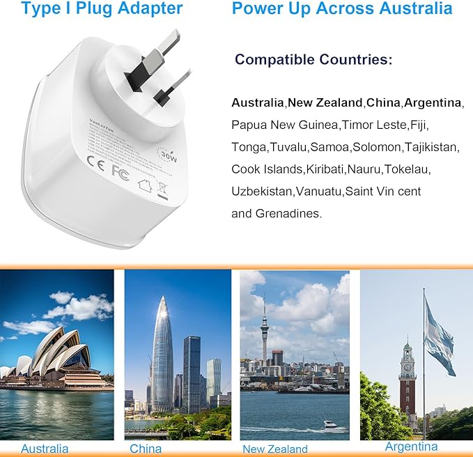 Type I Plug Adapter, VooLerTun Australia Travel Adapter with 30W Fast Charge Power Adapter Dual Ports compatiblecell Phone Camera, 1 American Outlet Adapter, US Converter for New Zealand Travel