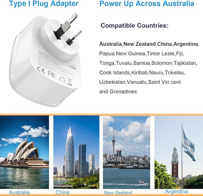 Type I Plug Adapter, VooLerTun Australia Travel Adapter with 30W Fast Charge Power Adapter Dual Ports compatiblecell Phone Camera, 1 American Outlet Adapter, US Converter for New Zealand Travel