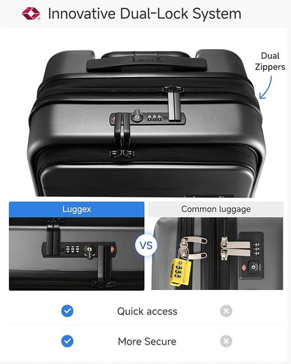 Luggage Sets 2 Piece, FLO5 Expandable Polycarbonate Hard Shell Suitcase Sets with Front Pocket (FX-Core, Black, 20/28 Inch)