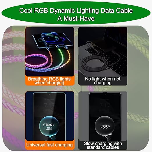 USB Cable PD Fast Charger Lighted Up (USB 3IN1 RGB),Phone Data Cable, Flowing Light Charging Cable, 39-inch (Approx. 1m), High-Transparency Pure Copper Braided Wire.