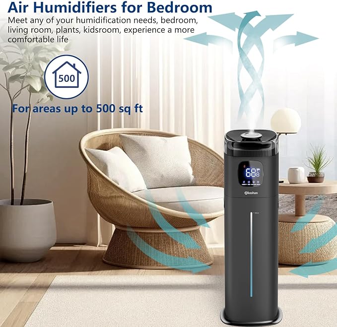 Large Humidifiers for Bedroom, 9L/2.5Gal Ultrasonic Cool Mist, Top Fill Easy Clean with 350ML/H Mist Speed, Quiet, Suitable for Kids Room Plant Yoga Office Study Room Living (Black, Square)