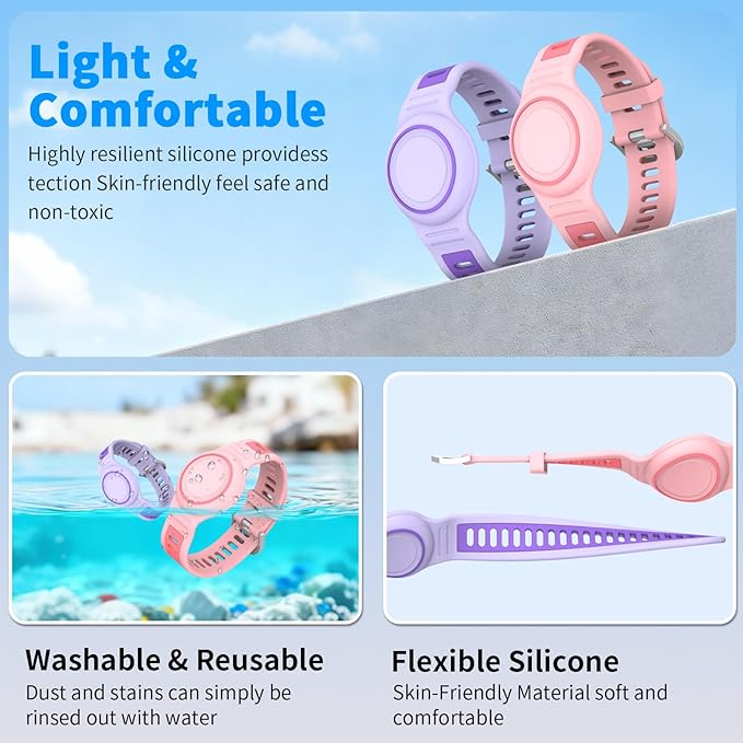 2-Pack Bracelet Compatible with AirTag for Kids, Waterproof Airtag Bracelet Full Coverage Protective Case Design Soft Silicone Hidden Air Tag Holder for Toddler Child Elderly (Pink+Purple)
