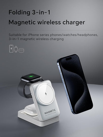 2025 Upgraded 3-in-1 Wireless Charger for iPhone,Travel Magnetic Charger Stand Nightlight Foldable Wireless Charging Station Compatible with Magsafe Charger&iPhone 17/16/15/14/13,Apple Watch&AirPods