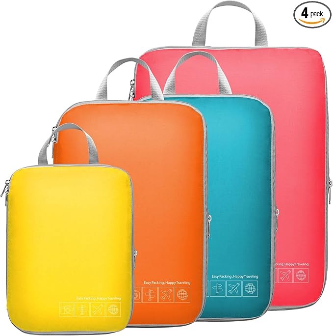 Cambond Compression Packing Cubes for Travel Women - 4 Pack Luggage Packing Organizers Bags Compression Cubes for Travel Essentials Carry on Suitcases, Multi-color