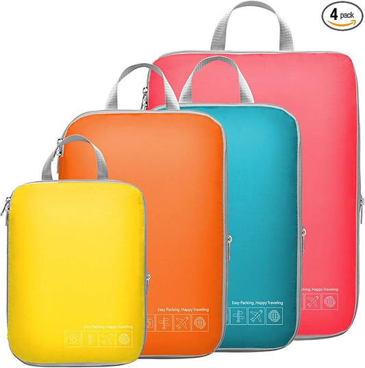 Cambond Compression Packing Cubes for Travel Women - 4 Pack Luggage Packing Organizers Bags Compression Cubes for Travel Essentials Carry on Suitcases, Multi-color