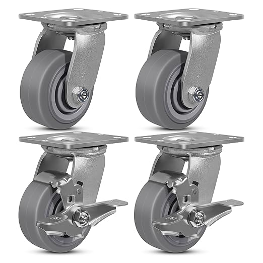4"x2" Rubber Wheels (Flat Tread)- Heavy Duty Casters, Industrial Caster Wheels- Set of 4 with up to 2800 LB Capacity- Use for Dollies, Workbench(2 Brake &2 Swivel)