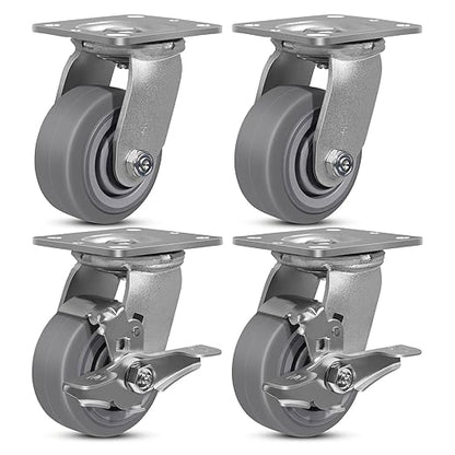 4"x2" Rubber Wheels (Flat Tread)- Heavy Duty Casters, Industrial Caster Wheels- Set of 4 with up to 2800 LB Capacity- Use for Dollies, Workbench(2 Brake &2 Swivel)