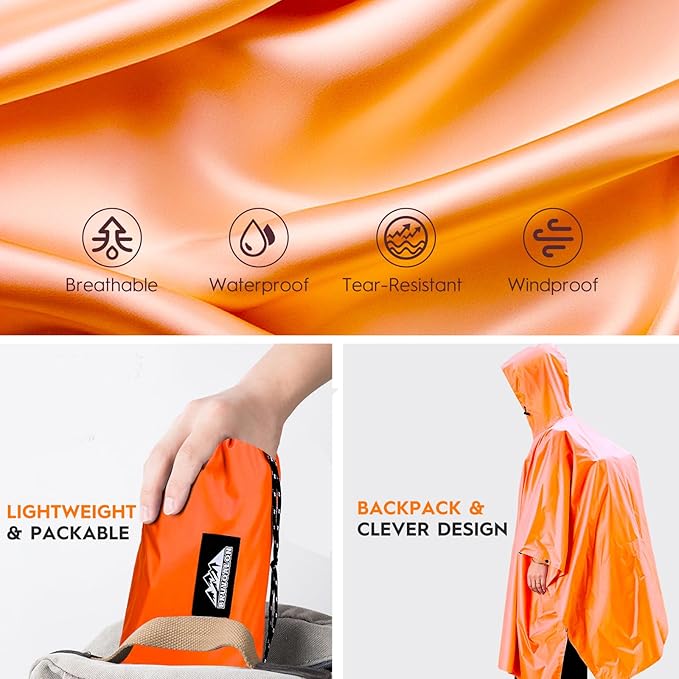 Bruvoalon 3-in-1 Rain Poncho with 1/4 Zip & Chest Pocket, Waterproof, Sunshade, Ground Mat for Adults & Youth Emergency