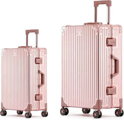 Metal All Aluminum Carry-on Luggage TSA Customs Lock Zipperless Silent Rotary Wheel Business Suitcase Aluminum Frame Set (rose gold, 2Piece(20/26))