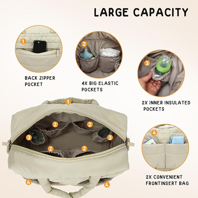 Buzz&Bloom Baby Diaper Bag Tote, Large Capacity Travel, Hospital Bag Functional with Changing Pad and Stroller Attachments.