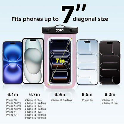 JOTO Up to 7" Universal Waterproof Phone Case for iPhone 17 Air 16 15 14 13 12 11 Plus Pro Max, IPX8 Cellphone Dry Bag XR X SE, Galaxy S23 S22 S21 S20+ S20 S10 Plus Note, Pixel -CrystalBlack