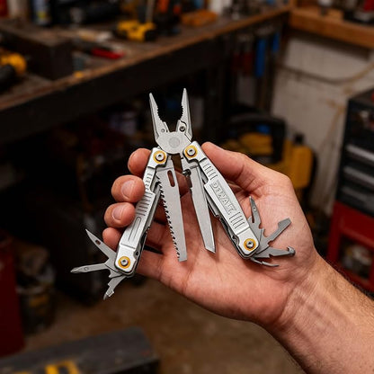 DEWALT 12-in-1 Multi-Tool with Pliers, Knife, Saw, Screwdrivers, Bottle & Can Opener – Stainless Steel Folding Pocket Tool with Sheath & Belt Clip for Construction, Trades & Jobsite Use