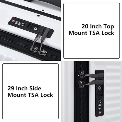2 pieces 20/29 Aluminum Frame Carry On and Checked Luggage Set with Side Opening, Lightweight Hardshell ABS+PC Trunk Suitcase with TSA Lock, 360° Universal Wheels & Adjustable Handle, White