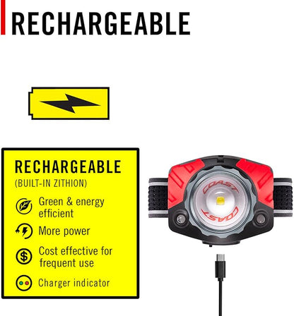 Coast® FL85R 1000 Lumen Tri-Color (White/Red/Green) Focusing Rechargeable LED Headlamp, Built-in Rechargeable Battery