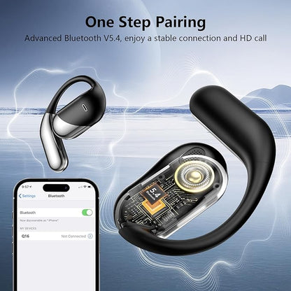 Open Ear Wireless Earbuds Headphones, Bluetooth 5.4, Built-in Mic, IPX7 Waterproof, LED Display Charging Case,Ear Hooks Clip Ear Buds，Design for Running Fitness Workout Office Game Gym