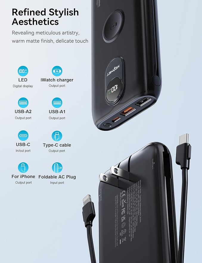 Portable Charger, 10000mAh 22.5W Fast Charging Power Bank with Built in Cable & Wall Plug, Travel Essential Battery Pack with LED Display, External Charger for iPhone 17/16, iWatch 11/10/9/8/Ultra/SE