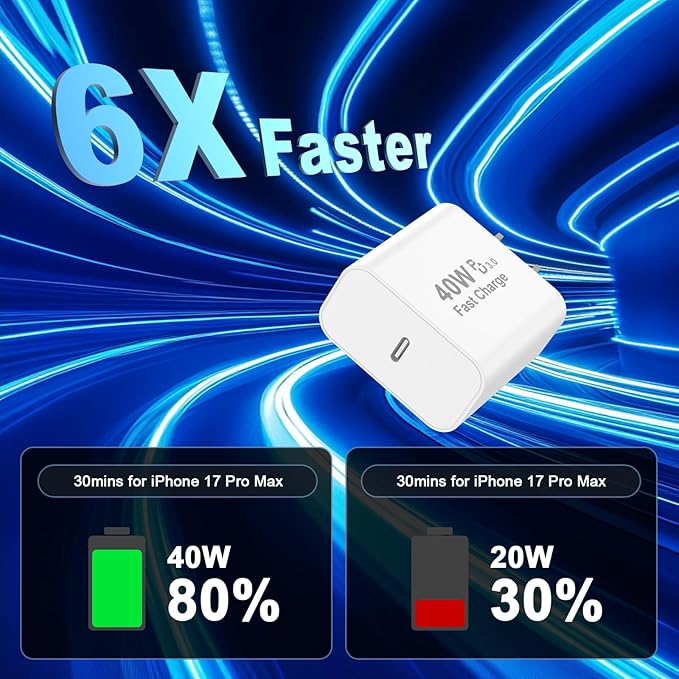 iPhone 17 16 Pro Max Charger Fast Charging, 40W USB C iPhone 16 17 Fast Charger Block with 10 FT Long Type C to C Charging Cable Cord for iPhone 17/17 Pro Max/17 Pro/Air/16/16 Pro Max/15/15 Pro Max