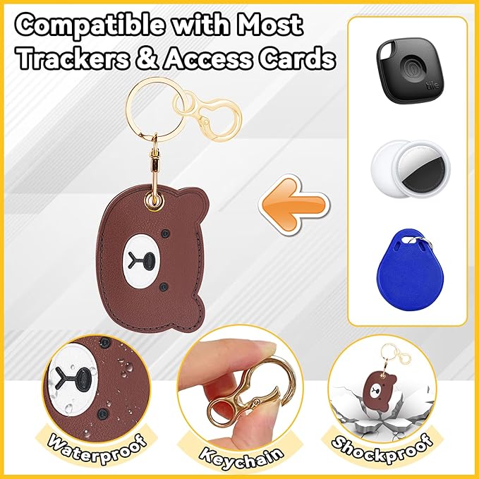 Leather Keychain for Airtag, Cute Protective Keychain Holder Compatible with Apple Air Tag,GPS Item Tracker Case Cover for Keys,Bags,Pets,Luggage(Bear)