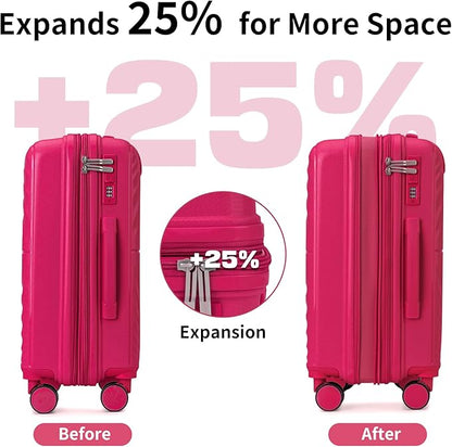 LARVENDER Luggage Sets, Suitcase Set 3 Piece Expandable Luggage PP Lightweight Large Suitcases with Wheels for Women (28/24/20inch,Rose Red)