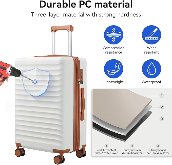 Travel Suitcase Sets 3 Piece, Expandable Hardshell Luggage Sets 3pcs with TSA Lock Spinner Wheels, White-Brown (20''/24''/28")