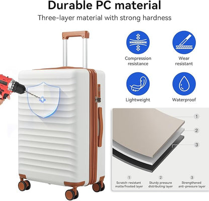 Travel Suitcase Sets 3 Piece, Expandable Hardshell Luggage Sets 3pcs with TSA Lock Spinner Wheels, White-Brown (20''/24''/28")