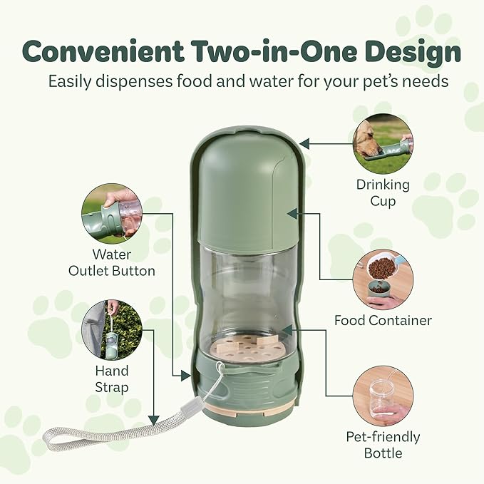 Portable Pet Food and Water Dispenser, 2 in 1 Cat & Small Dog Water Bottle & Food Container, Lightweight, BPA Free Pet Water Bottle Traveling Essentials for Walking & Hiking (Green, 13oz)