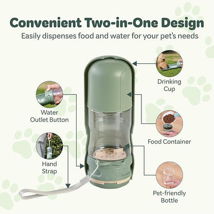 Portable Pet Food and Water Dispenser, 2 in 1 Cat & Small Dog Water Bottle & Food Container, Lightweight, BPA Free Pet Water Bottle Traveling Essentials for Walking & Hiking (Green, 13oz)
