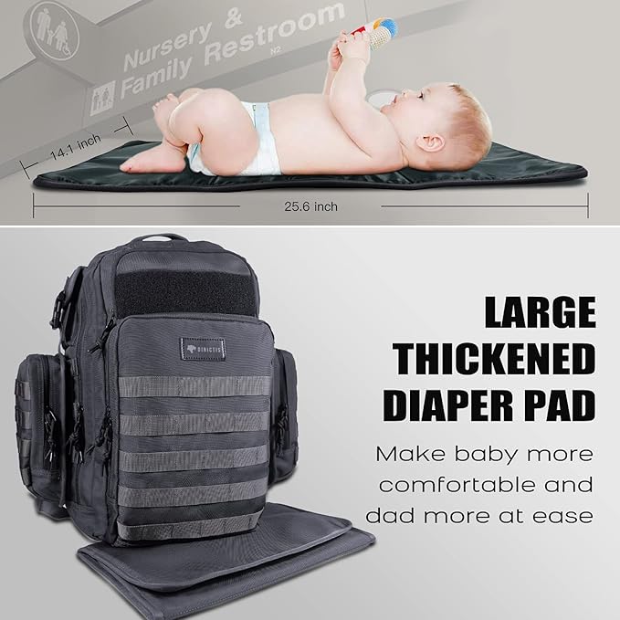 Dinictis Dad Diaper Bag, Mens Diaper Bag Backpack with Diaper Changing Mat, Military Diaper Backpack with Molle Webbing, Waterproof Pouch, Baby Wipes pocket, Insulated Bottle Pockets- Dark Grey