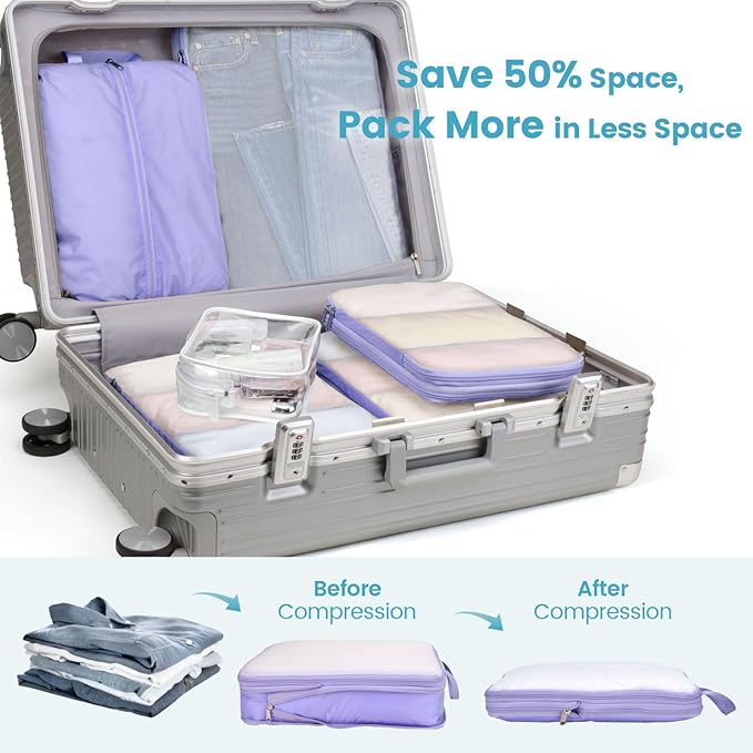Cambond Mesh Compression Packing Cubes - 6 Set See Through Clear Packing Cubes with Shoe Toiletry Bag for Suitcase, Expandable Travel Cubes for Packing Organizers Travel Accessories, Purple